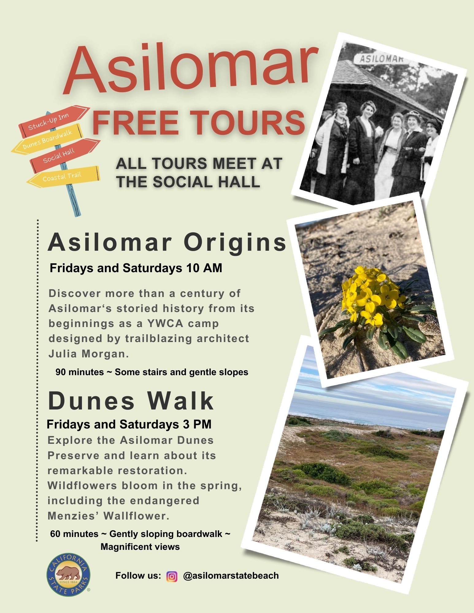 Asilomar State Beach Free Tour Flyer. Tours available Fridays and Saturdays 10 AM and 3 PM
